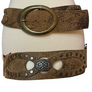 Distressed Brown Leather Belt with Raised Cutouts Brass Accents, Buckle, Studs